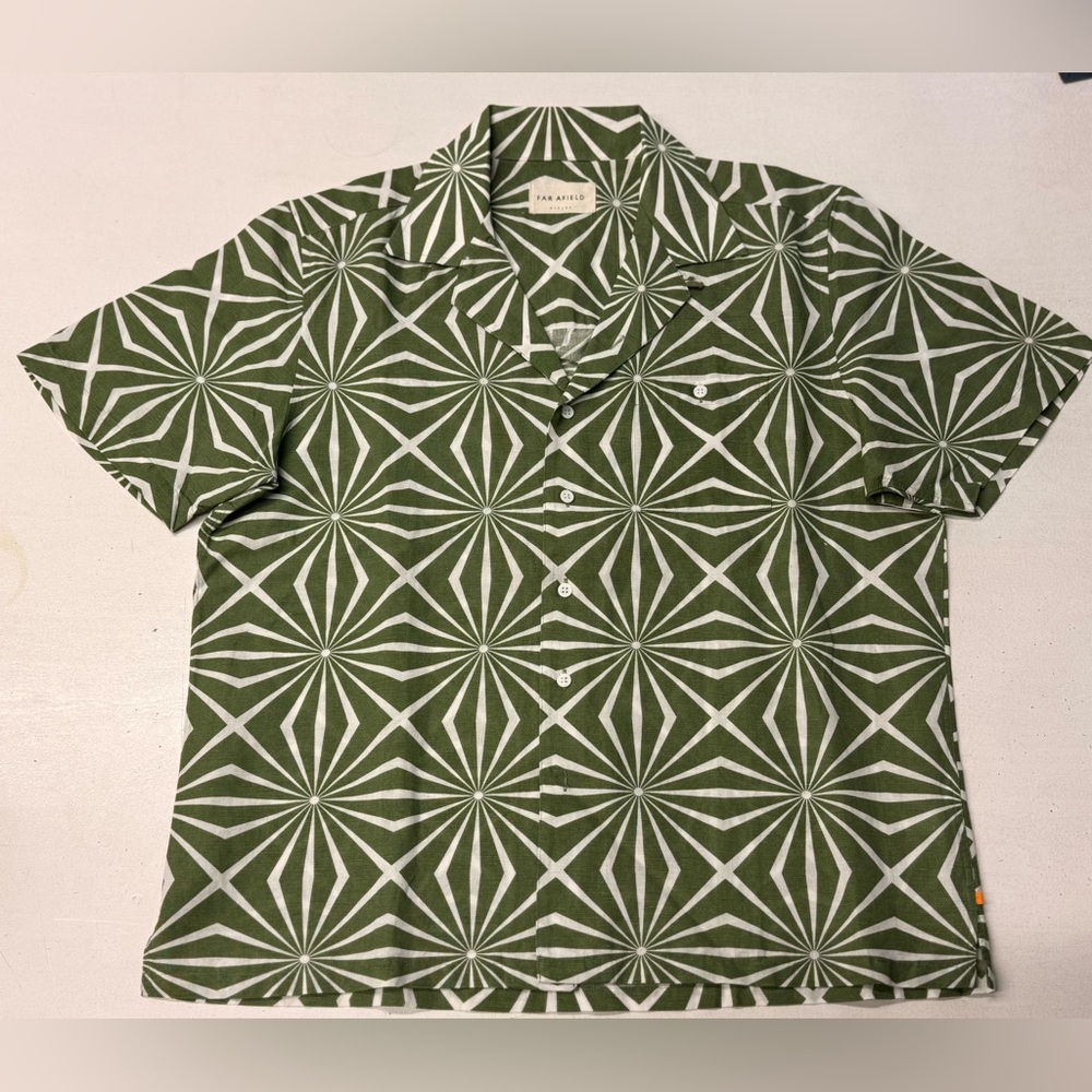 FAR AFIELD Green Geometric Linen Cotton Camp Collar Shirt NWOT L